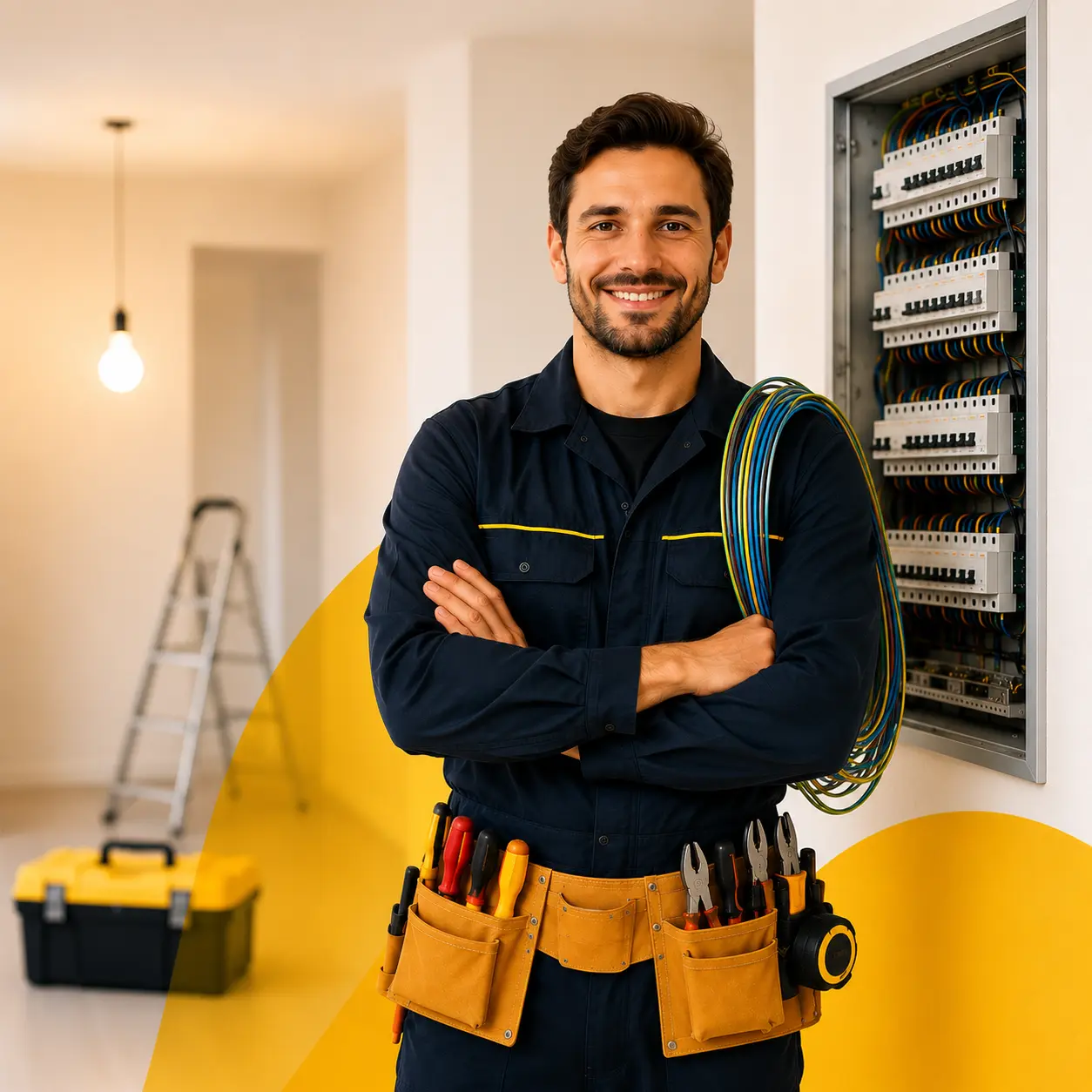 Elettricista al lavoro su quadro elettrico