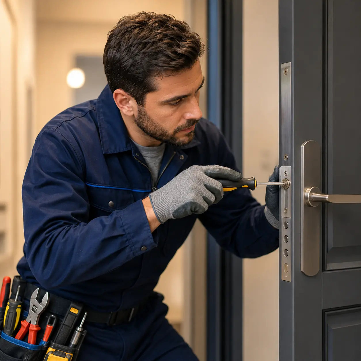 Fabbro al lavoro su una serratura di sicurezza