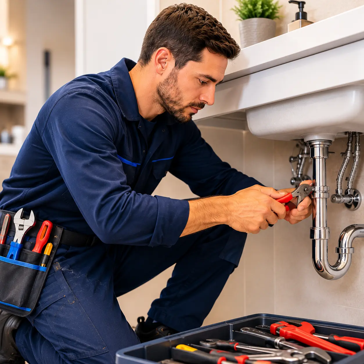 Idraulico al lavoro su un impianto domestico